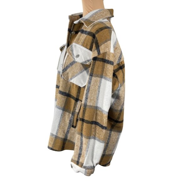 Shein Plaid Shacket Jacket Brown Black Button Size L Large - Picture 2 of 7